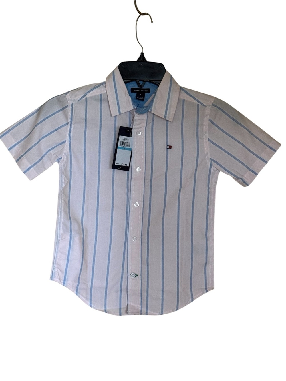 Tommy Hilfiger Short Sleeve Button-Down Shirt - White & Light Blue Stripes